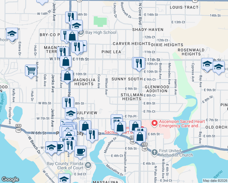 map of restaurants, bars, coffee shops, grocery stores, and more near 507 East 8th Court in Panama City