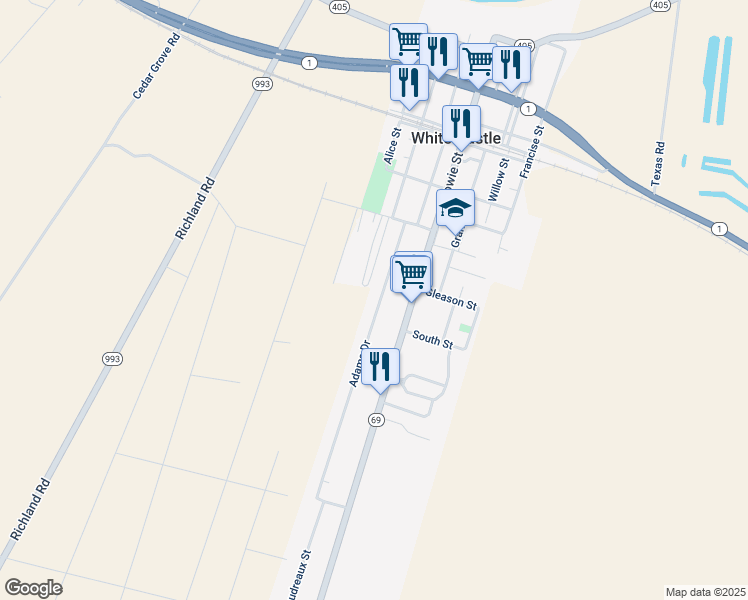 map of restaurants, bars, coffee shops, grocery stores, and more near 32850 Adams Drive in White Castle