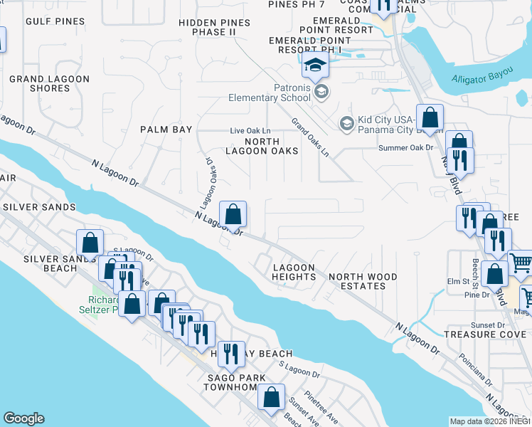 map of restaurants, bars, coffee shops, grocery stores, and more near 201 Scooter Drive in Panama City