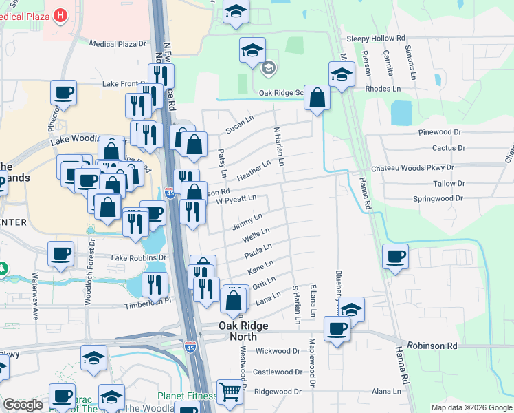 map of restaurants, bars, coffee shops, grocery stores, and more near 27249 Payne Court in Conroe
