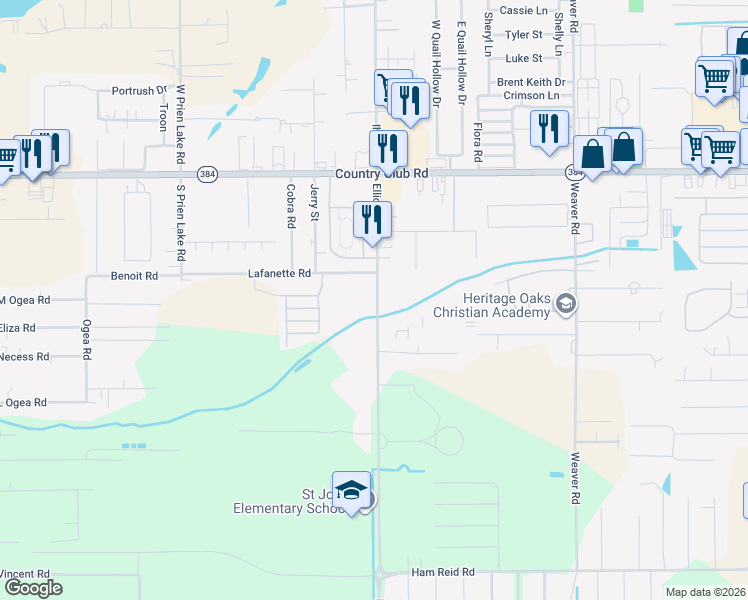 map of restaurants, bars, coffee shops, grocery stores, and more near 5172 Elliott Road in Lake Charles