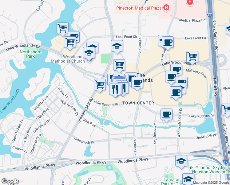 map of restaurants, bars, coffee shops, grocery stores, and more near 9595 Six Pines Drive in The Woodlands