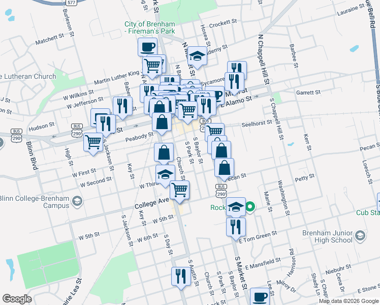 map of restaurants, bars, coffee shops, grocery stores, and more near 105 West Second Street in Brenham