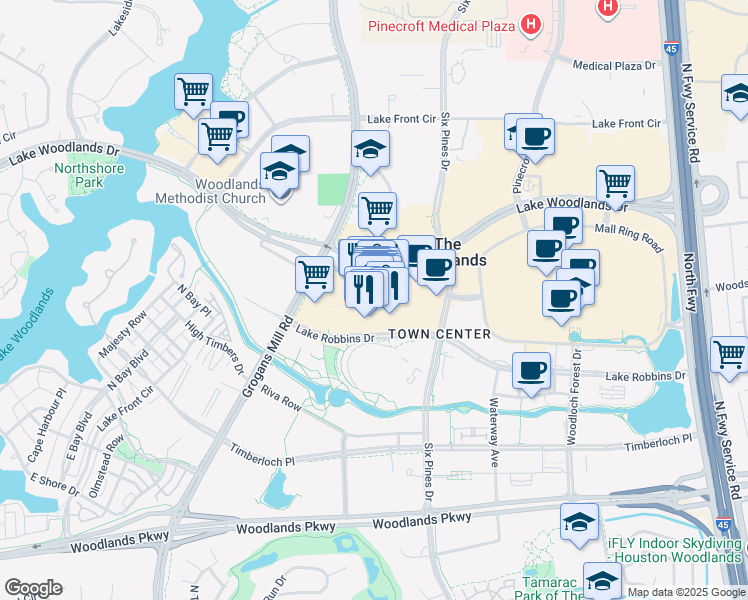 map of restaurants, bars, coffee shops, grocery stores, and more near 9595 Six Pines Drive in The Woodlands