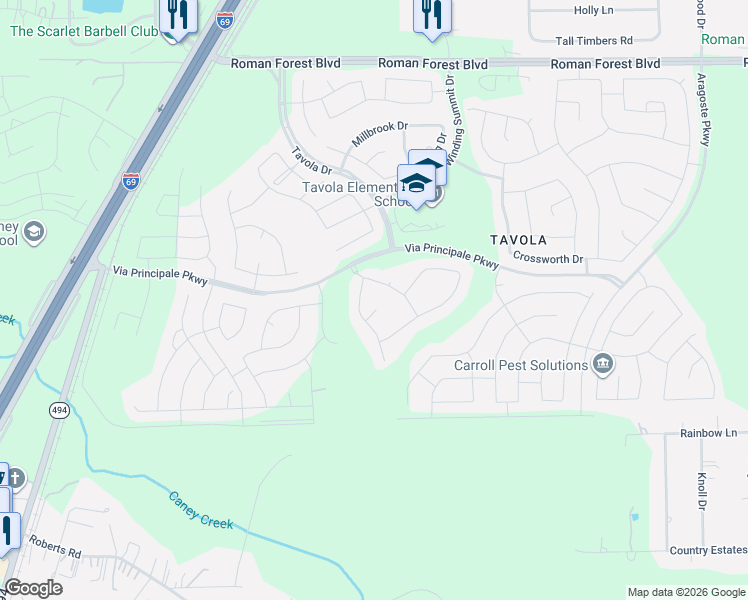 map of restaurants, bars, coffee shops, grocery stores, and more near 23404 Timberwood Grove Court in New Caney