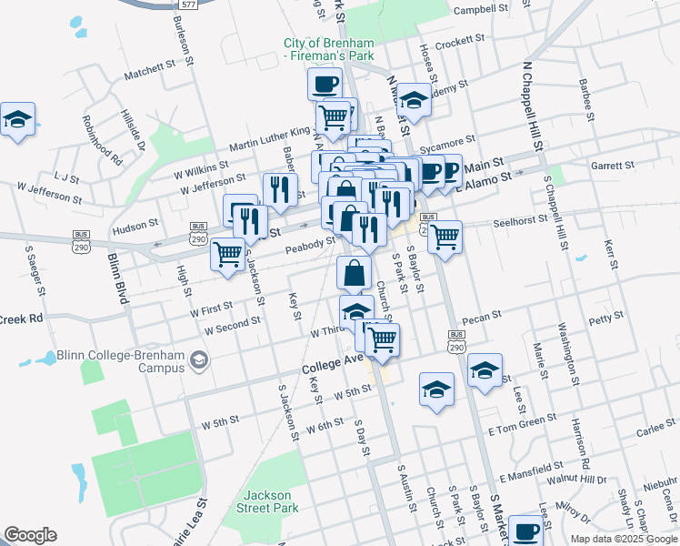map of restaurants, bars, coffee shops, grocery stores, and more near 312 West 2nd Street in Brenham