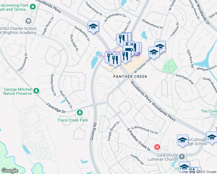 map of restaurants, bars, coffee shops, grocery stores, and more near 4545 South Panther Creek Drive in The Woodlands