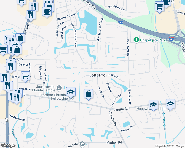 map of restaurants, bars, coffee shops, grocery stores, and more near 11510 North Ride Circle East in Jacksonville