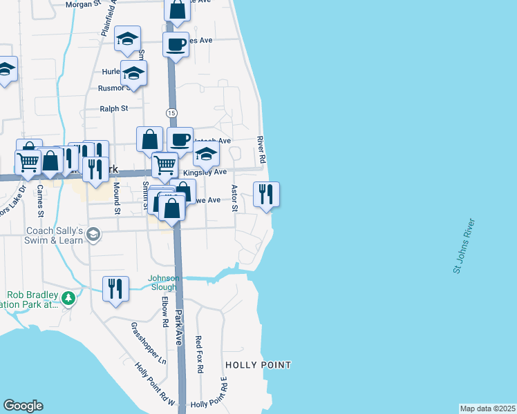 map of restaurants, bars, coffee shops, grocery stores, and more near 2143 Astor Street in Orange Park