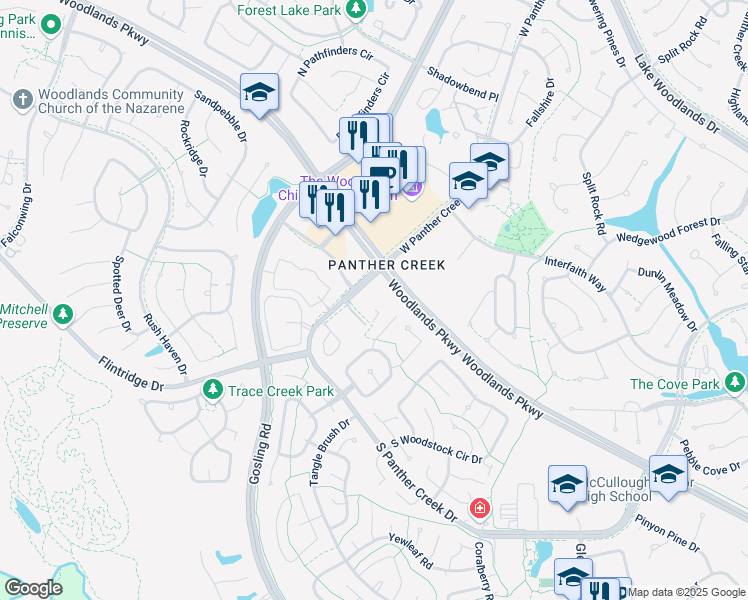 map of restaurants, bars, coffee shops, grocery stores, and more near 4550 South Panther Creek Drive in The Woodlands