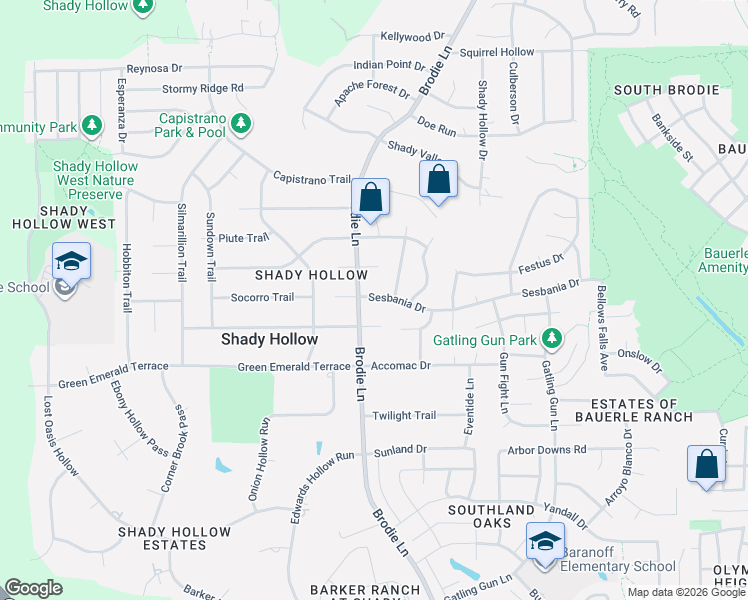 map of restaurants, bars, coffee shops, grocery stores, and more near 11505 Brodie Lane in Austin
