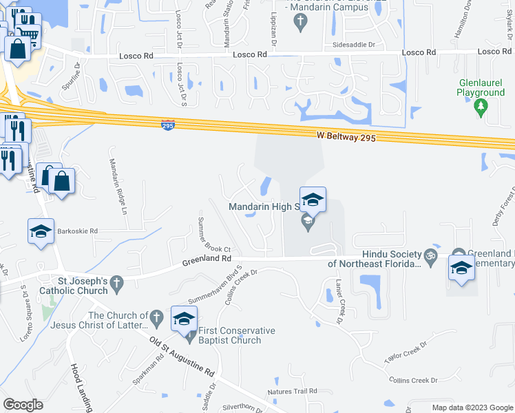 map of restaurants, bars, coffee shops, grocery stores, and more near 11558 Courtney Waters Lane in Jacksonville