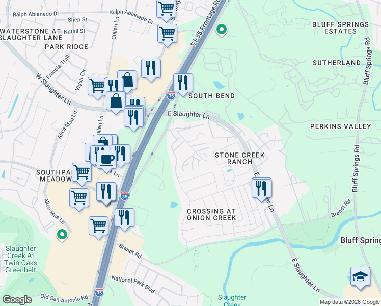 map of restaurants, bars, coffee shops, grocery stores, and more near 1825 Oak Hill Lane in Austin