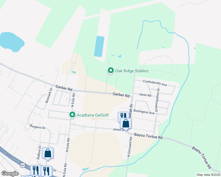 map of restaurants, bars, coffee shops, grocery stores, and more near 1411 Garber Road in Broussard