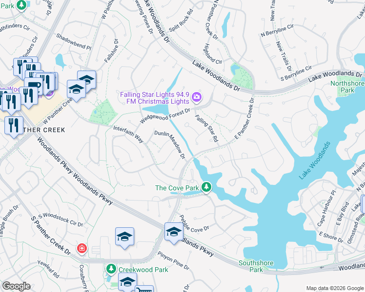 map of restaurants, bars, coffee shops, grocery stores, and more near 11 Wind Trace Court in Spring