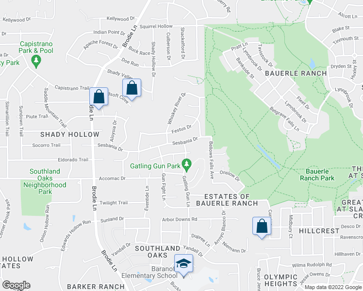 map of restaurants, bars, coffee shops, grocery stores, and more near 3025 Sesbania Drive in Austin