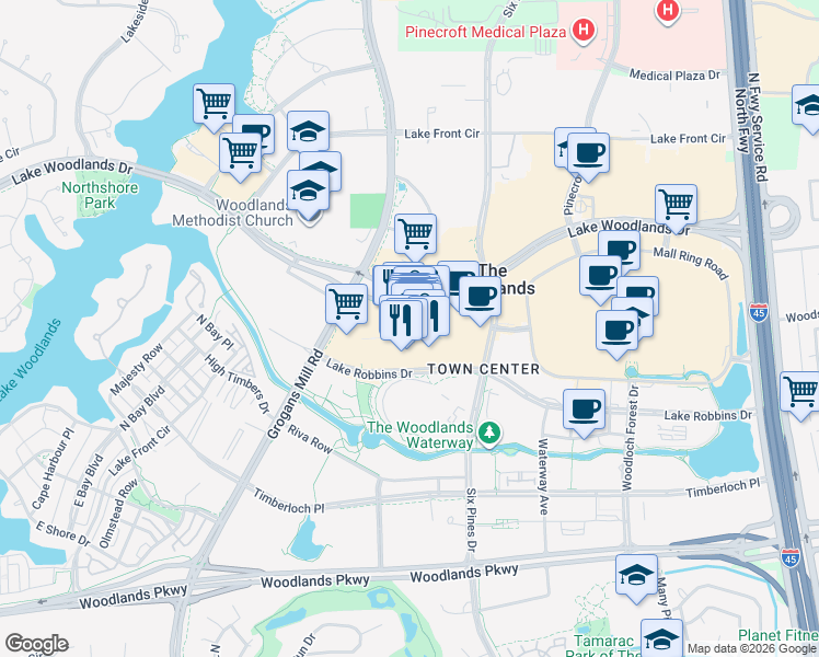 map of restaurants, bars, coffee shops, grocery stores, and more near 9595 Six Pines Drive in The Woodlands