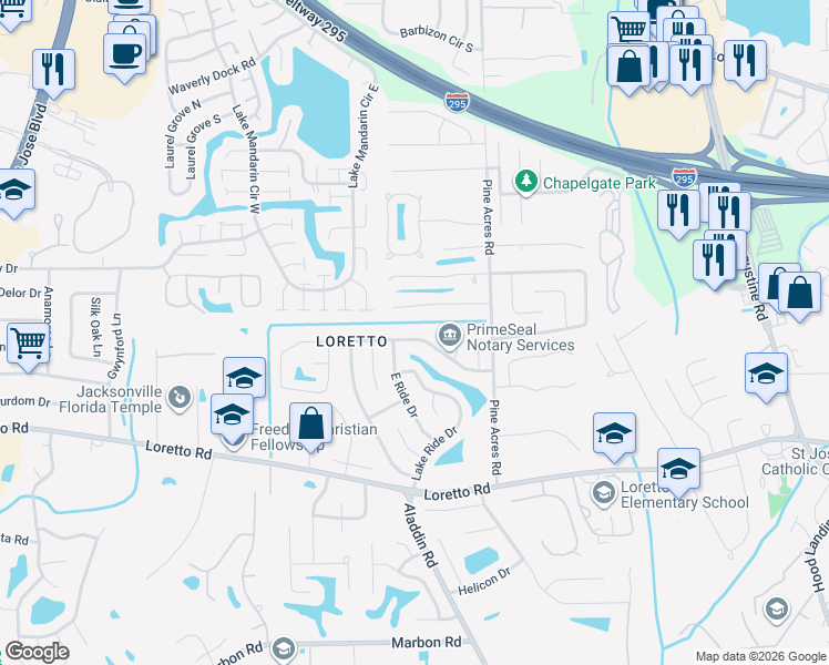 map of restaurants, bars, coffee shops, grocery stores, and more near 3622 North Ride Drive in Jacksonville