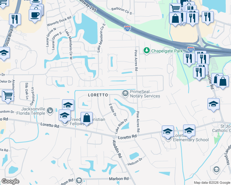 map of restaurants, bars, coffee shops, grocery stores, and more near 3622 North Ride Drive in Jacksonville