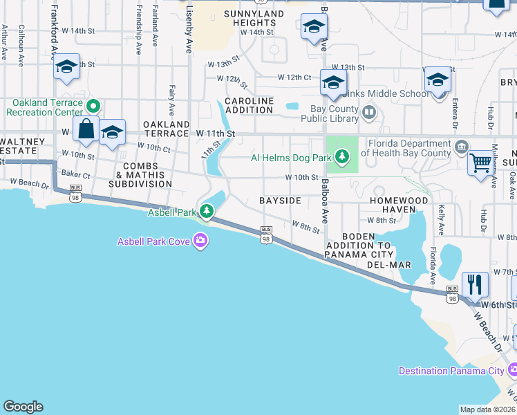 map of restaurants, bars, coffee shops, grocery stores, and more near 1210 West Beach Drive in Panama City