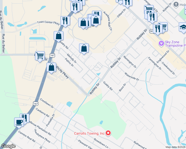 map of restaurants, bars, coffee shops, grocery stores, and more near 110 Dempsey Drive in Lafayette