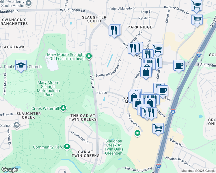 map of restaurants, bars, coffee shops, grocery stores, and more near 9624 Sawyer Fay Lane in Austin