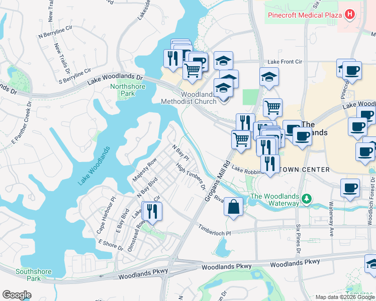 map of restaurants, bars, coffee shops, grocery stores, and more near 25 Topside Row in Spring