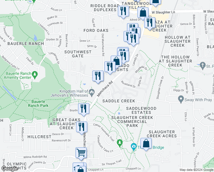 map of restaurants, bars, coffee shops, grocery stores, and more near 10632 Manchaca Road in Austin