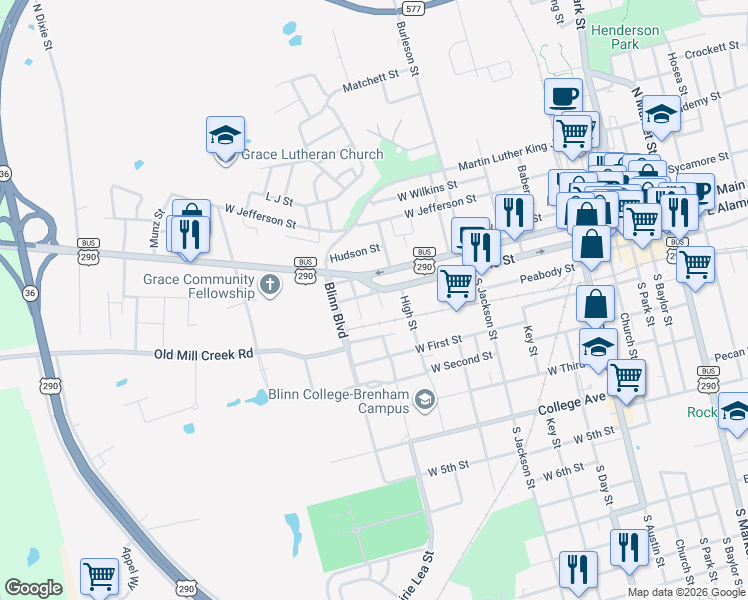 map of restaurants, bars, coffee shops, grocery stores, and more near 208 Joseph Street in Brenham