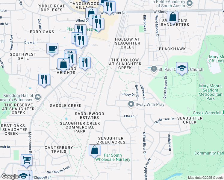 map of restaurants, bars, coffee shops, grocery stores, and more near 10207 Slaughter Creek Drive in Austin