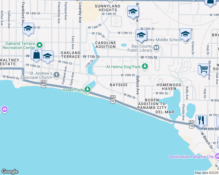 map of restaurants, bars, coffee shops, grocery stores, and more near 1210 West Beach Drive in Panama City