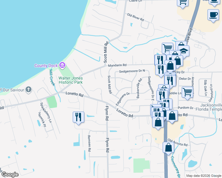 map of restaurants, bars, coffee shops, grocery stores, and more near 11468 Scott Mill Road in Jacksonville