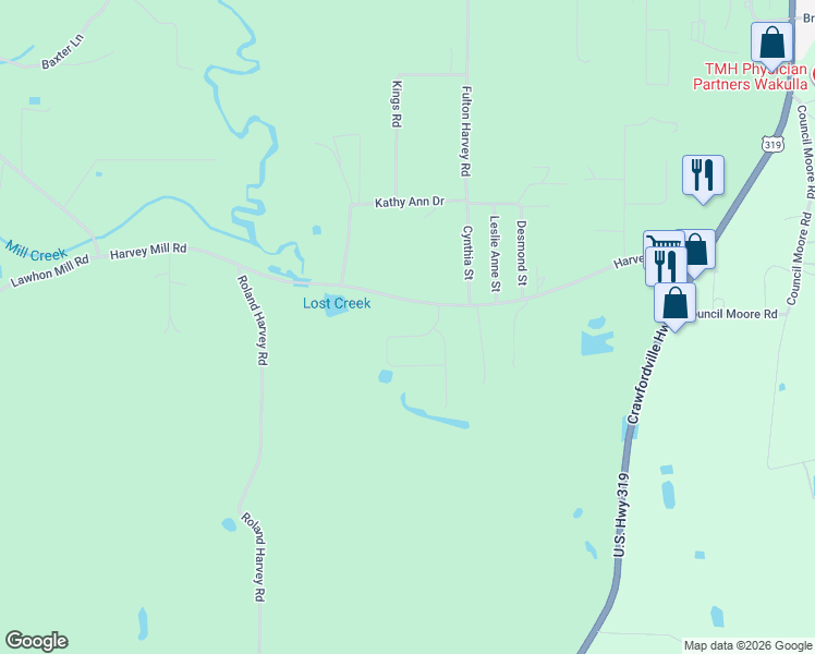 map of restaurants, bars, coffee shops, grocery stores, and more near 27 Evergreen Drive in Crawfordville