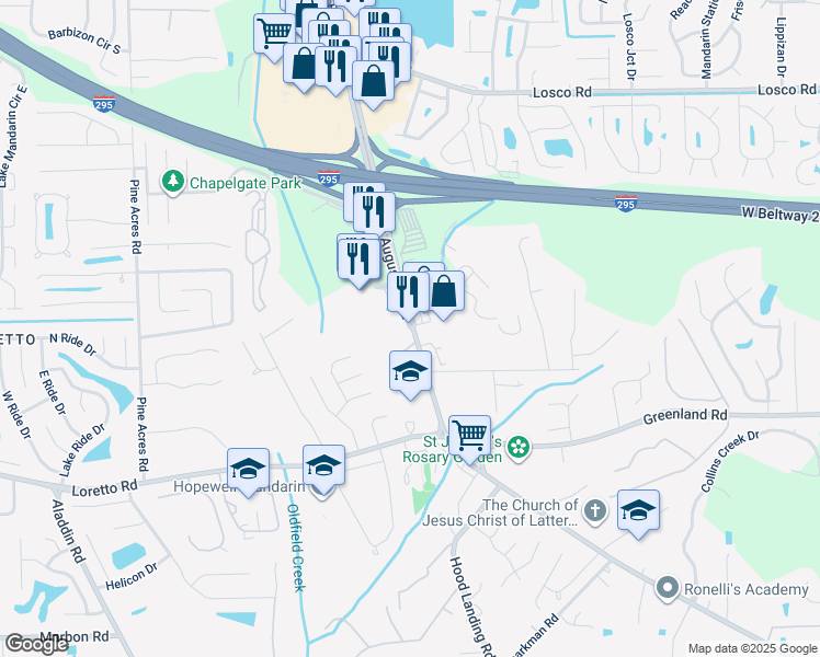 map of restaurants, bars, coffee shops, grocery stores, and more near 11498 Old Saint Augustine Road in Jacksonville
