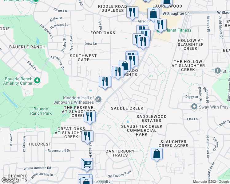 map of restaurants, bars, coffee shops, grocery stores, and more near Manchaca Rd & Old Manchaca Rd in Austin