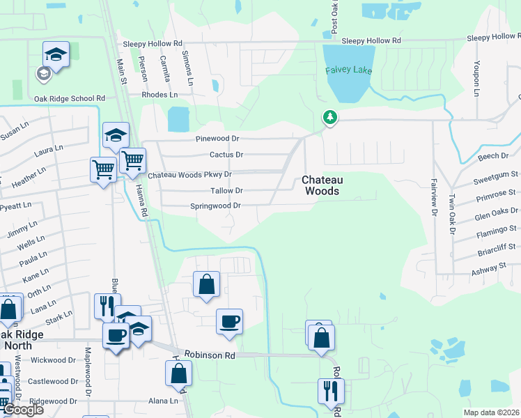 map of restaurants, bars, coffee shops, grocery stores, and more near 535 Springwood Drive in Conroe