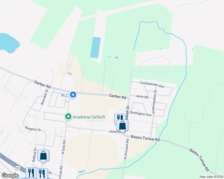 map of restaurants, bars, coffee shops, grocery stores, and more near 1411-1521 Garber Road in Broussard