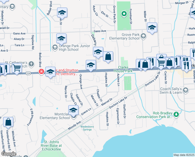 map of restaurants, bars, coffee shops, grocery stores, and more near 1248 Kingsley Avenue in Orange Park
