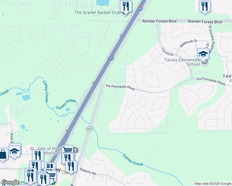 map of restaurants, bars, coffee shops, grocery stores, and more near 23532 Ashland Mills Drive in New Caney