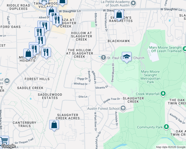 map of restaurants, bars, coffee shops, grocery stores, and more near 10214 Bilbrook Place in Austin