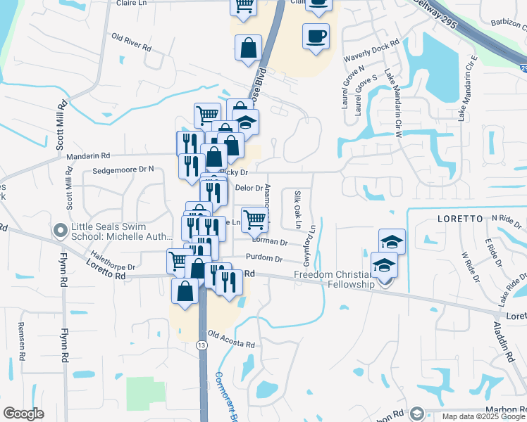 map of restaurants, bars, coffee shops, grocery stores, and more near 11555 Anamoree Lane in Jacksonville