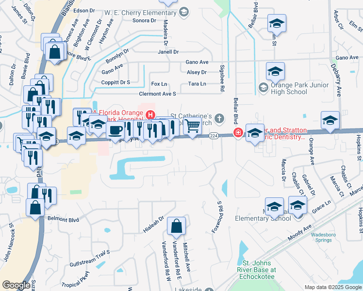 map of restaurants, bars, coffee shops, grocery stores, and more near 2 Foxwood Court in Orange Park