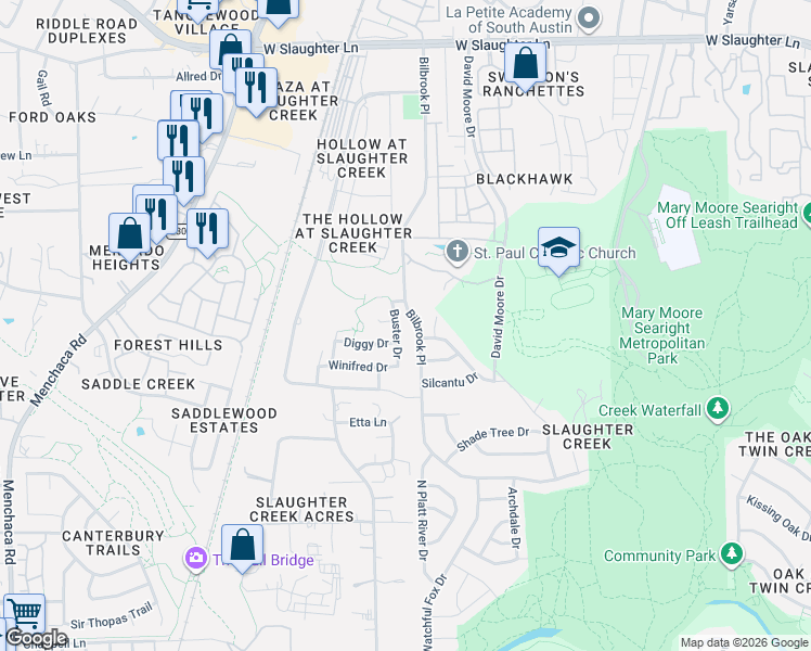 map of restaurants, bars, coffee shops, grocery stores, and more near 10301 Buster Drive in Austin