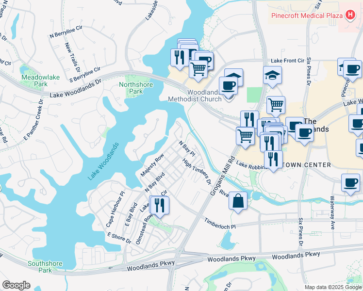 map of restaurants, bars, coffee shops, grocery stores, and more near 25 Topside Row in Spring