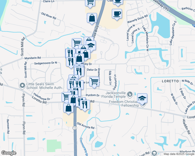 map of restaurants, bars, coffee shops, grocery stores, and more near 11555 Anamoree Lane in Jacksonville