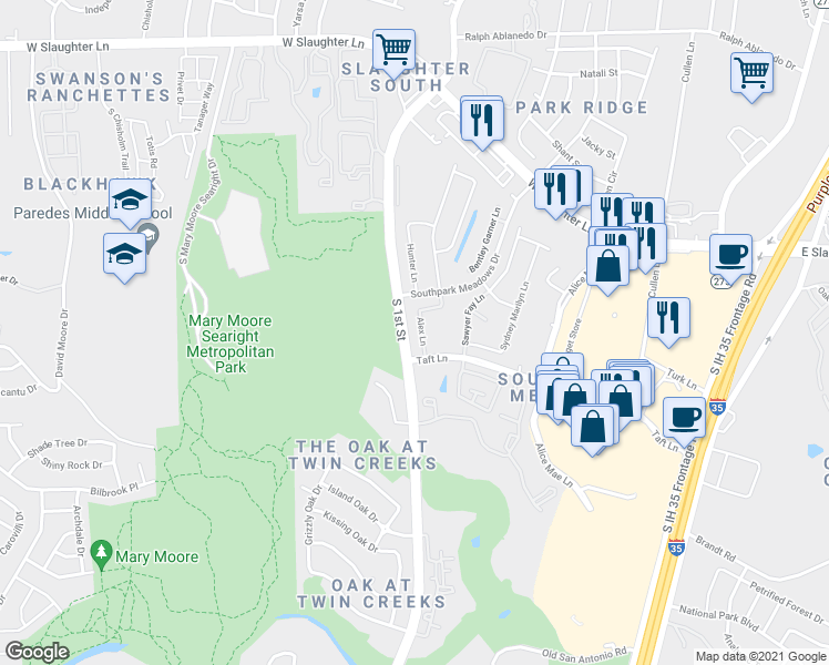 map of restaurants, bars, coffee shops, grocery stores, and more near 9716 Alex Lane in Austin