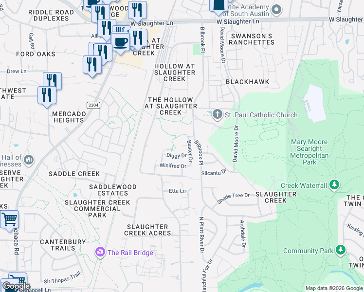 map of restaurants, bars, coffee shops, grocery stores, and more near 10200 Bilbrook Place in Austin