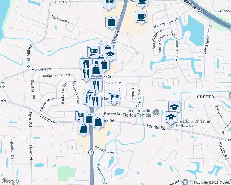 map of restaurants, bars, coffee shops, grocery stores, and more near 3044 Yanlee Lane in Jacksonville