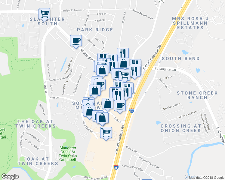map of restaurants, bars, coffee shops, grocery stores, and more near 9421 Cullen Lane in Austin