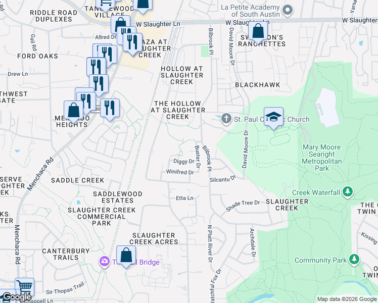 map of restaurants, bars, coffee shops, grocery stores, and more near 10200 Bilbrook Place in Austin